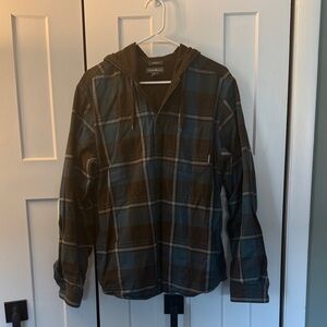 Eddie Bauer Brown and Blue Plaid Lightweight Hooded Shirt Jacket